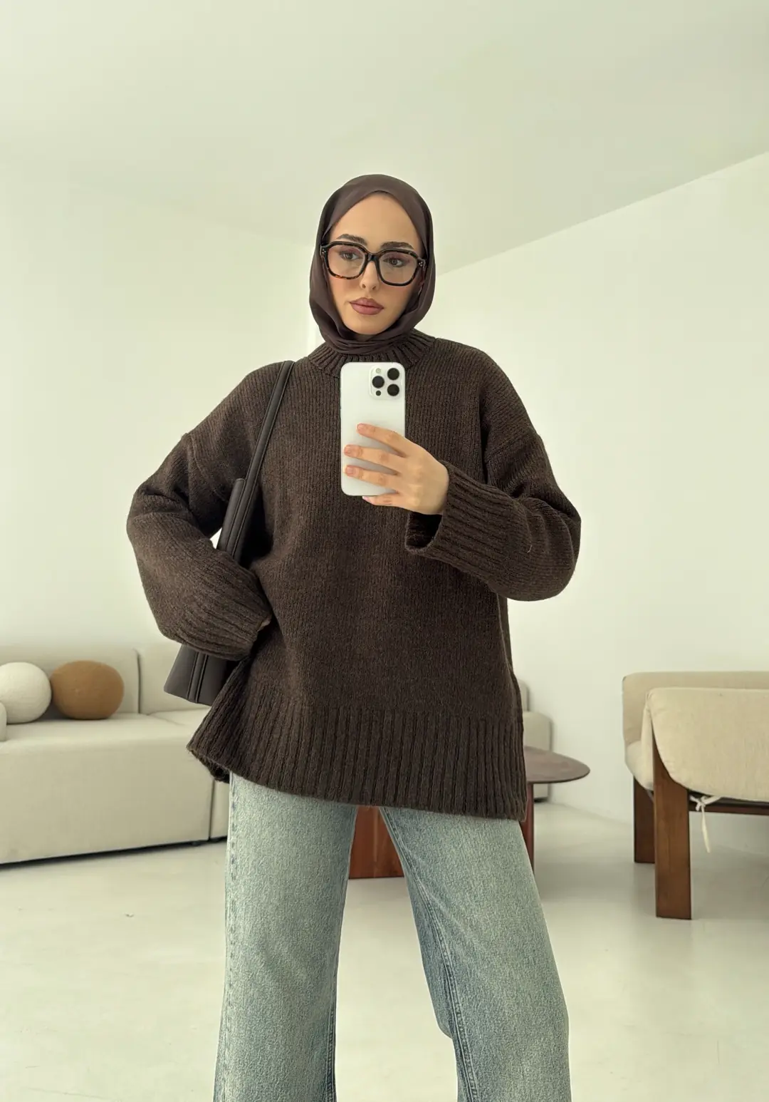 Oversize Soft Triko Kazak Kahve Melanj