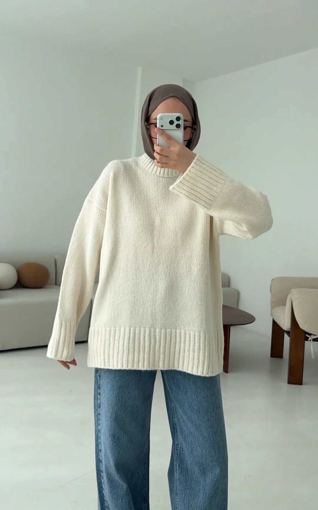 Oversize Soft Triko Kazak Krem - Görsel 4