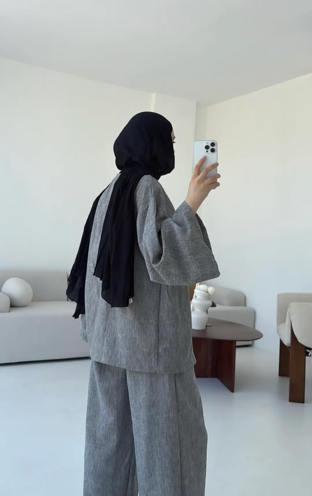 Oversize Tek Dügmeli Keten Takım Gri - Görsel 3