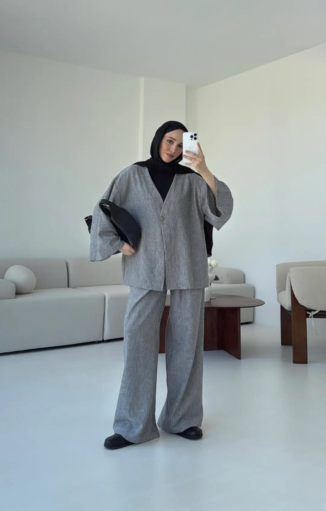 Oversize Tek Dügmeli Keten Takım Gri - Görsel 5