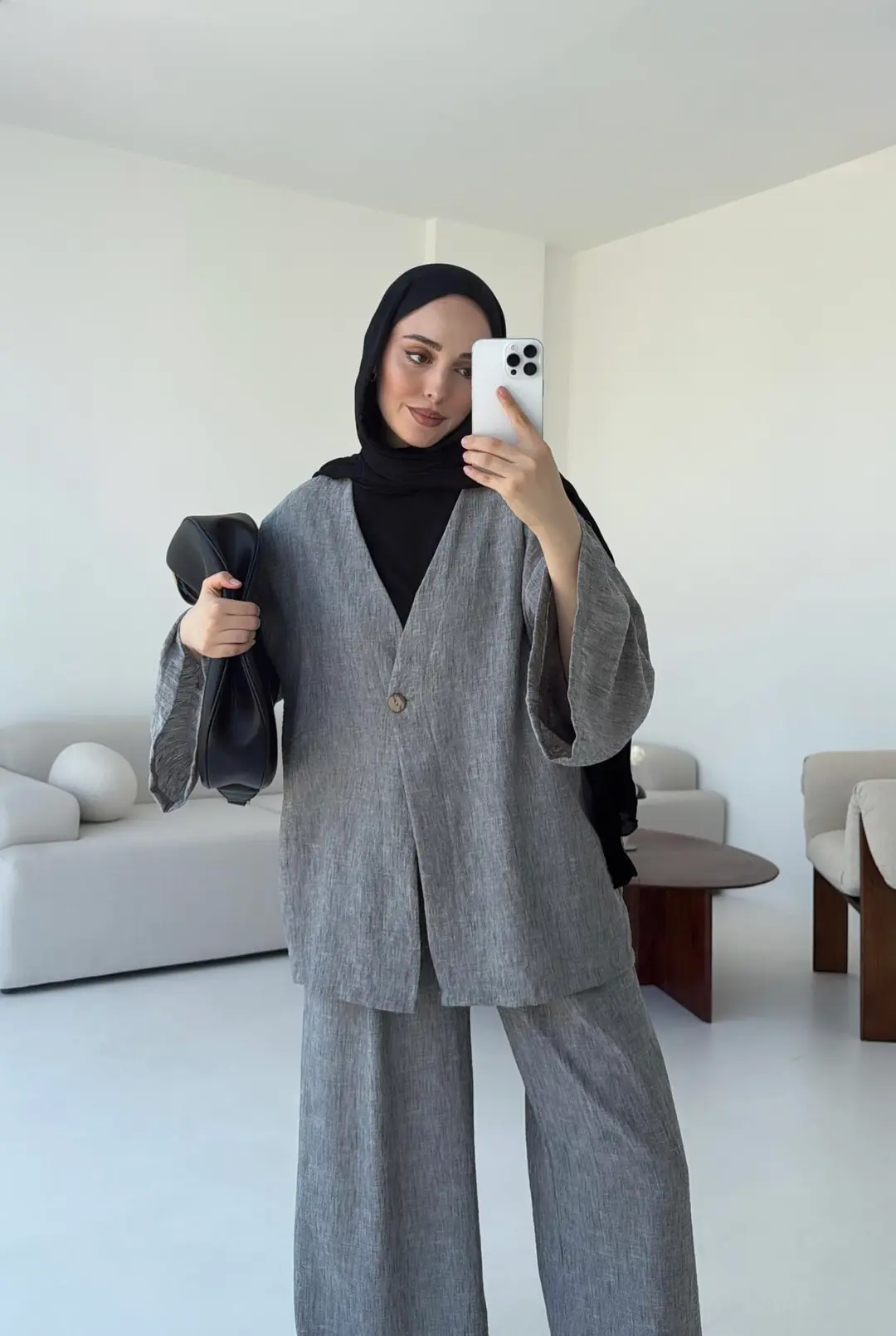 Oversize Tek Dügmeli Keten Takım Gri - Görsel 6