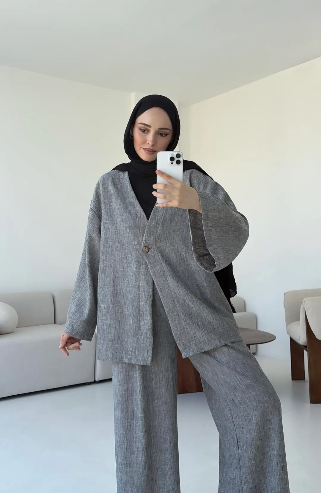 Oversize Tek Dügmeli Keten Takım Gri - Görsel 7