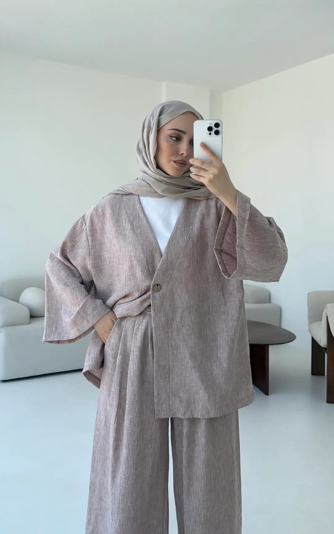 Oversize Tek Dügmeli Keten Takım Gül Kurusu - Görsel 5