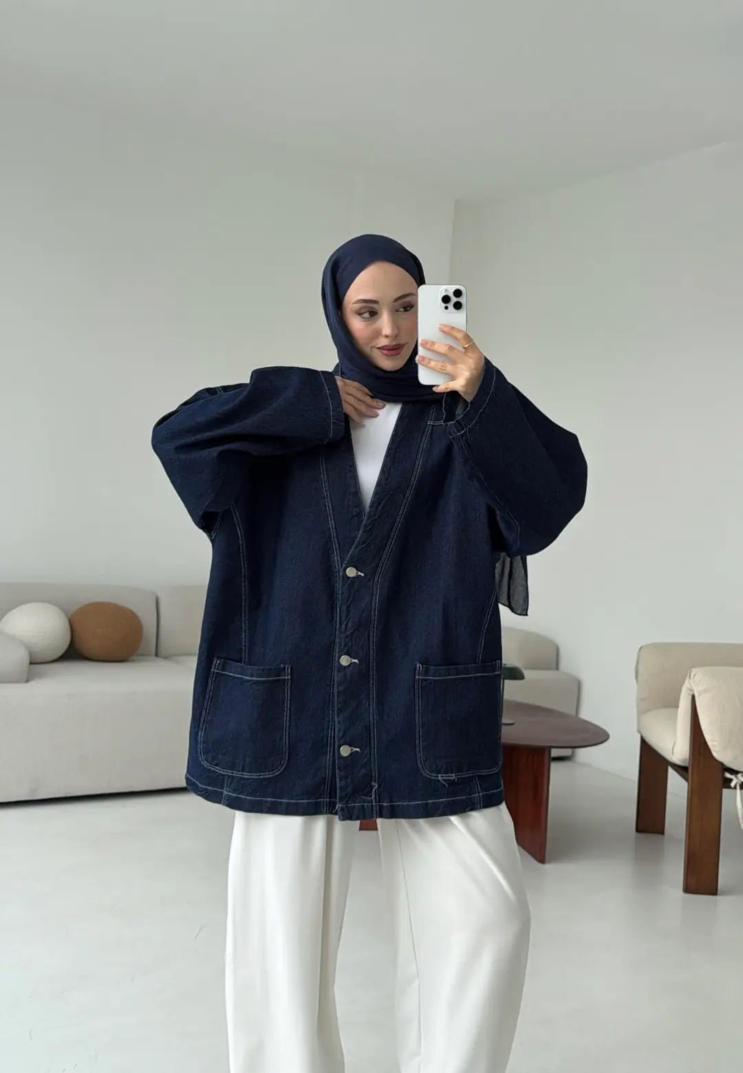 Oversize Wide Denim Ceket Lacivert - Görsel 9