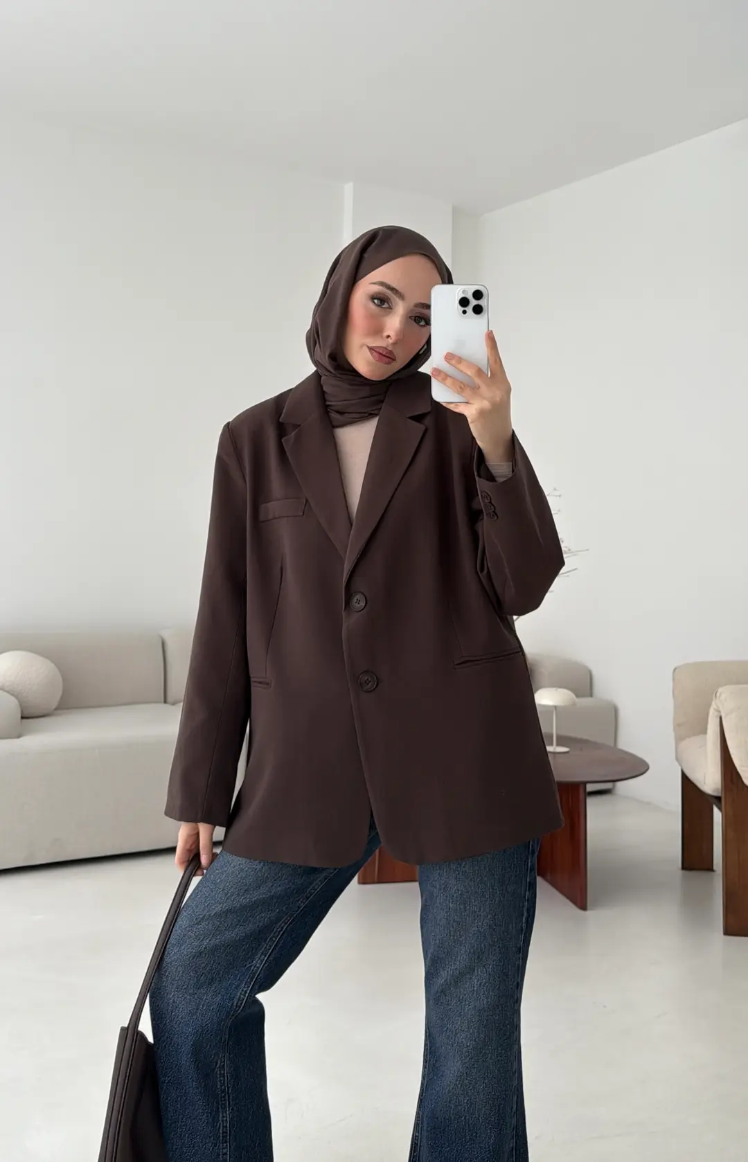 Oversize Yırtmaç Detay Ceket Kahve - Görsel 4