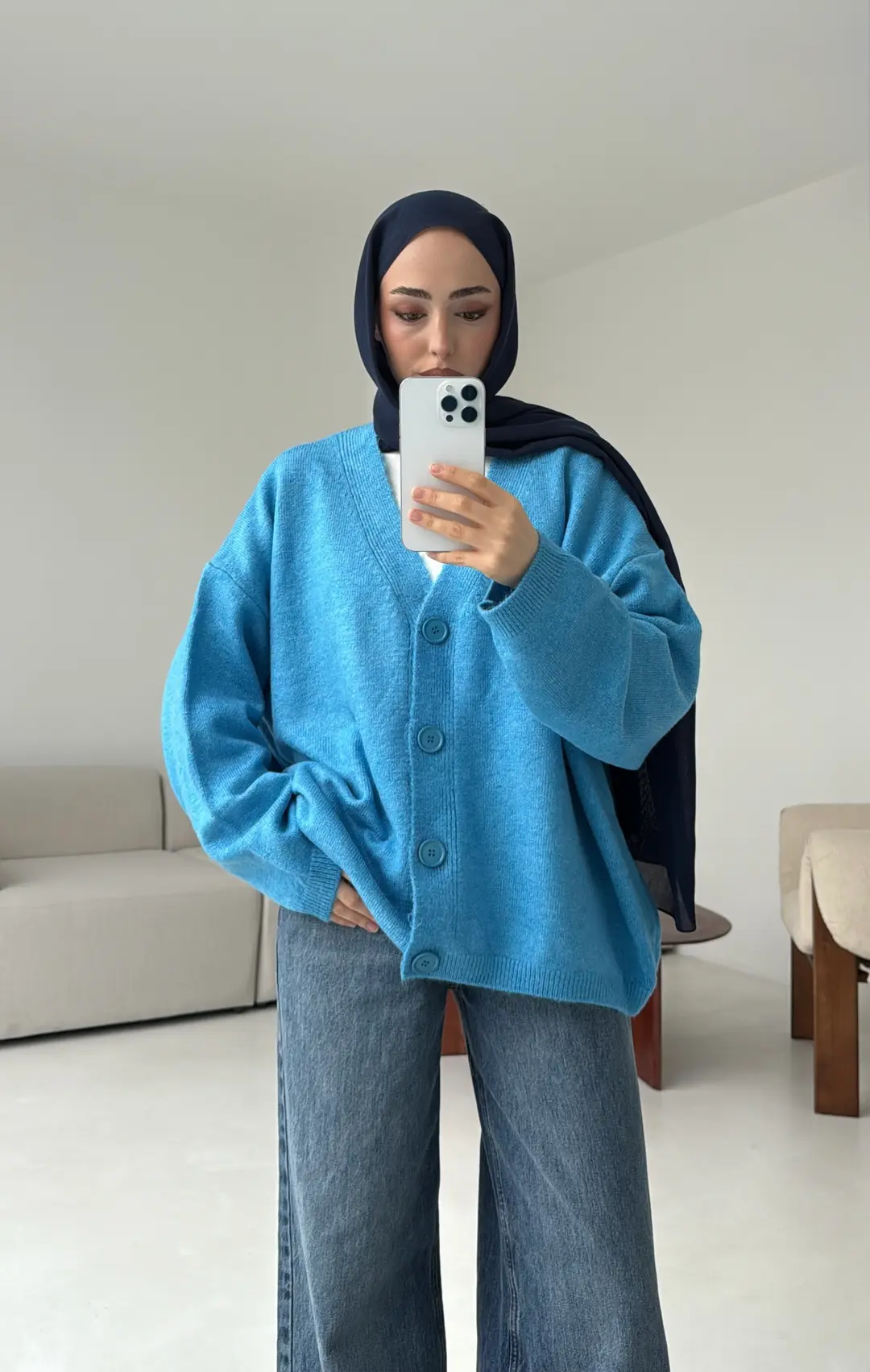 Oversize Yünlü Kazak Mavi - Görsel 7