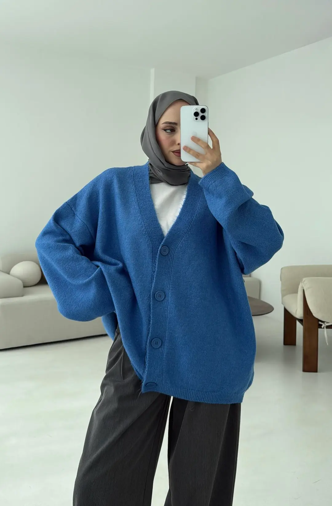 Oversize Yünlü Kazak Mavi - Görsel 5