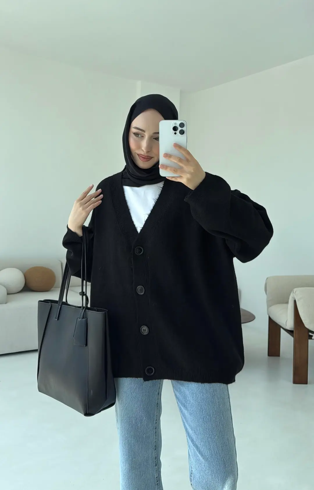 Oversize Yünlü Kazak Siyah - Görsel 6