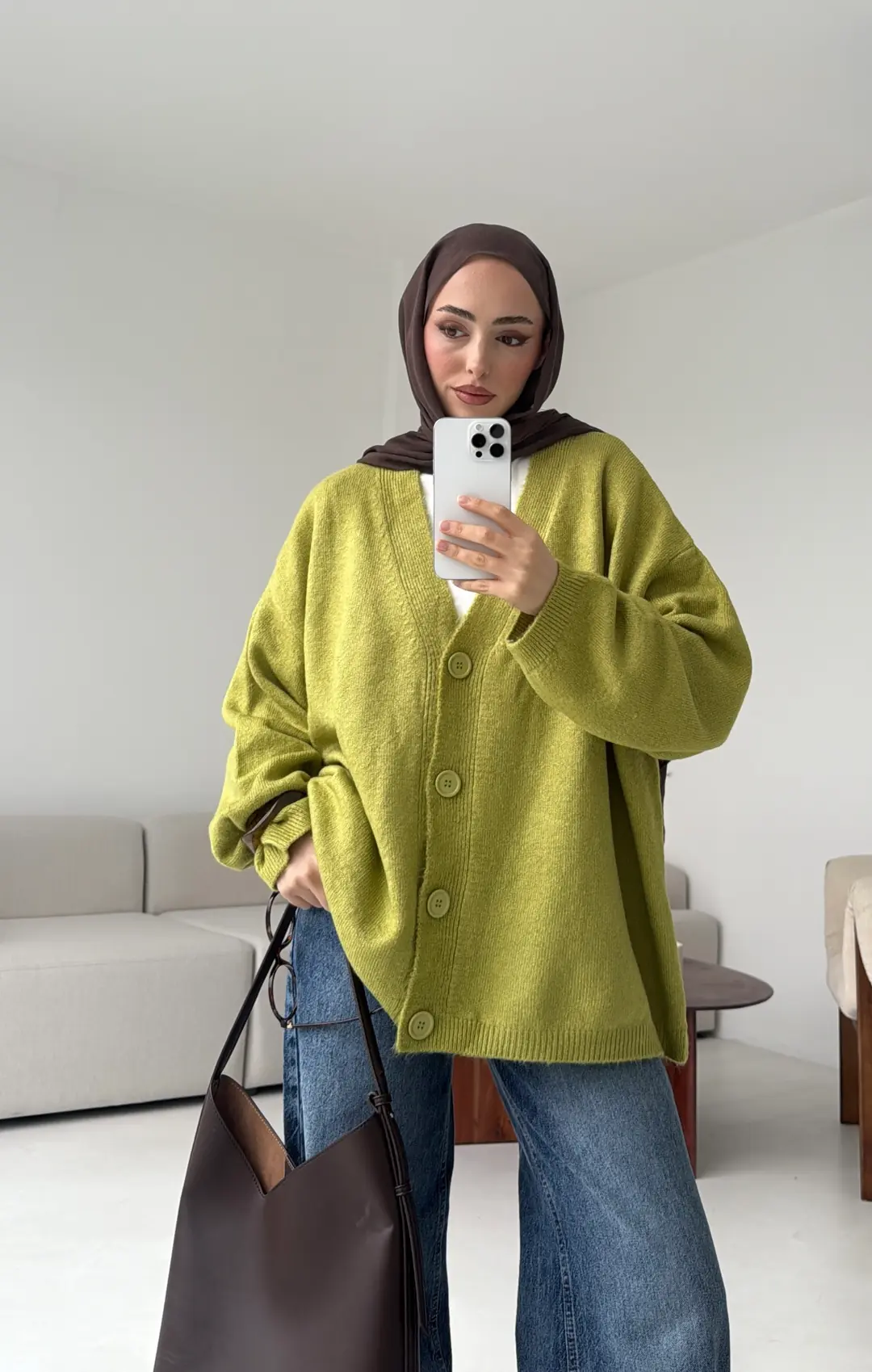 Oversize Yünlü Kazak Yağ Yeşili - Görsel 9