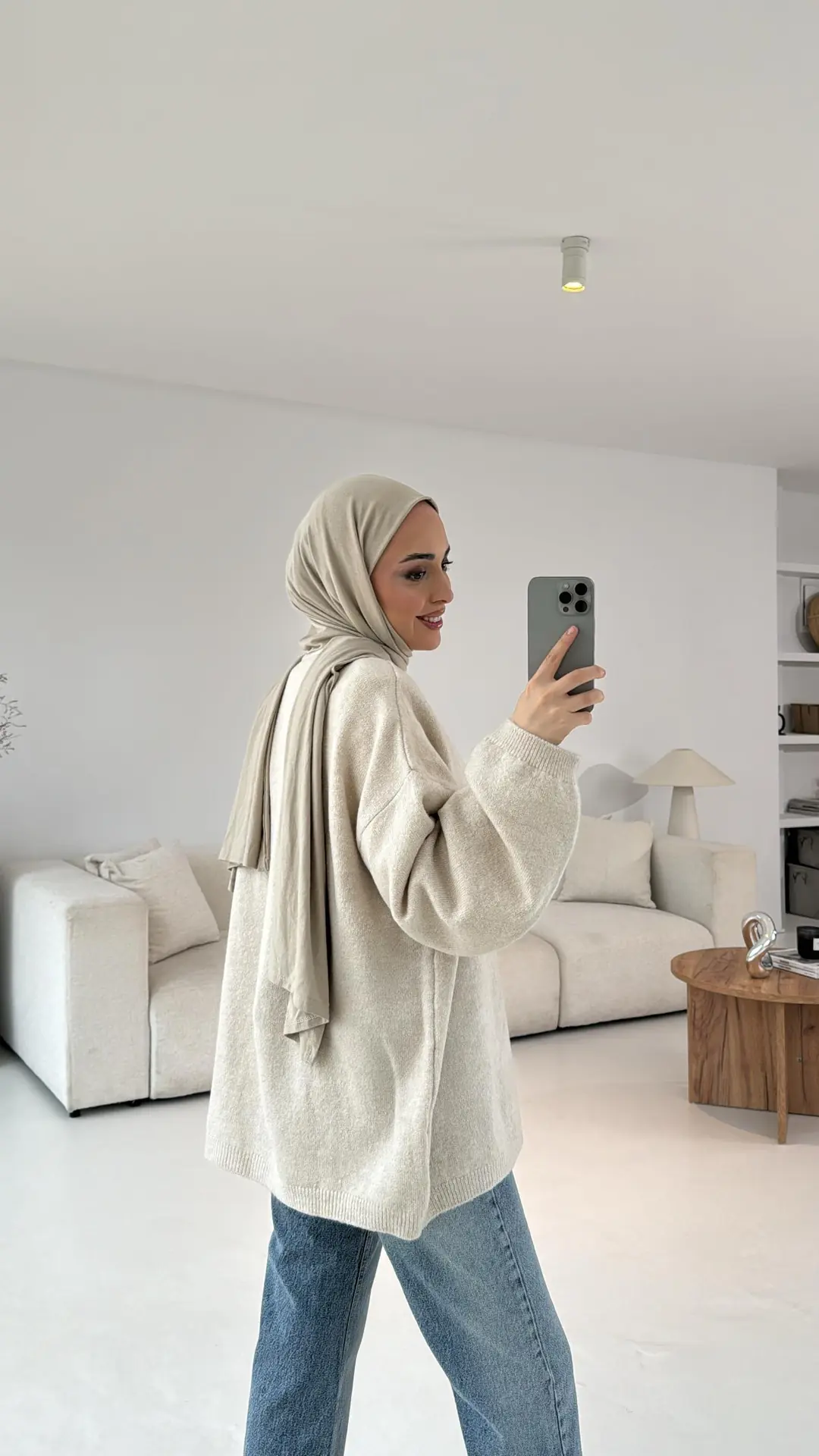 Oversize Yünlü Triko Hırka Taş - Görsel 2