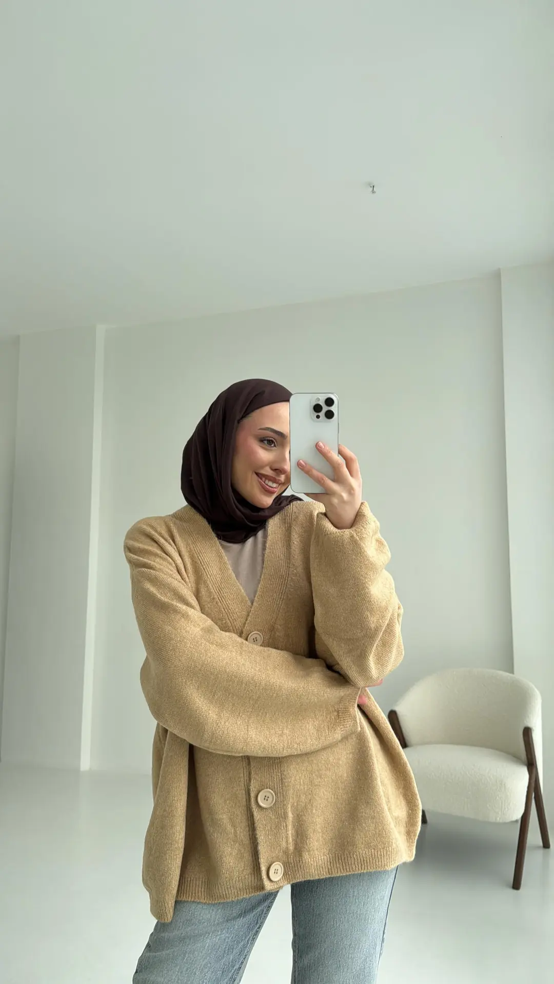 Oversize Yünlü Triko Hırka Vizon - Görsel 2