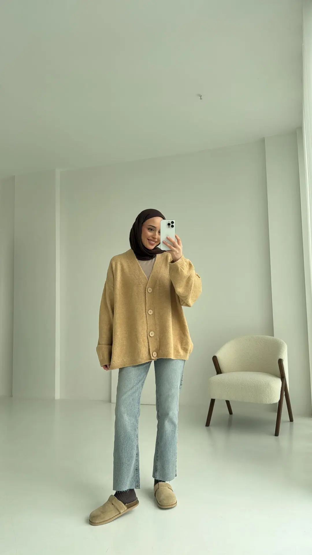 Oversize Yünlü Triko Hırka Vizon - Görsel 5