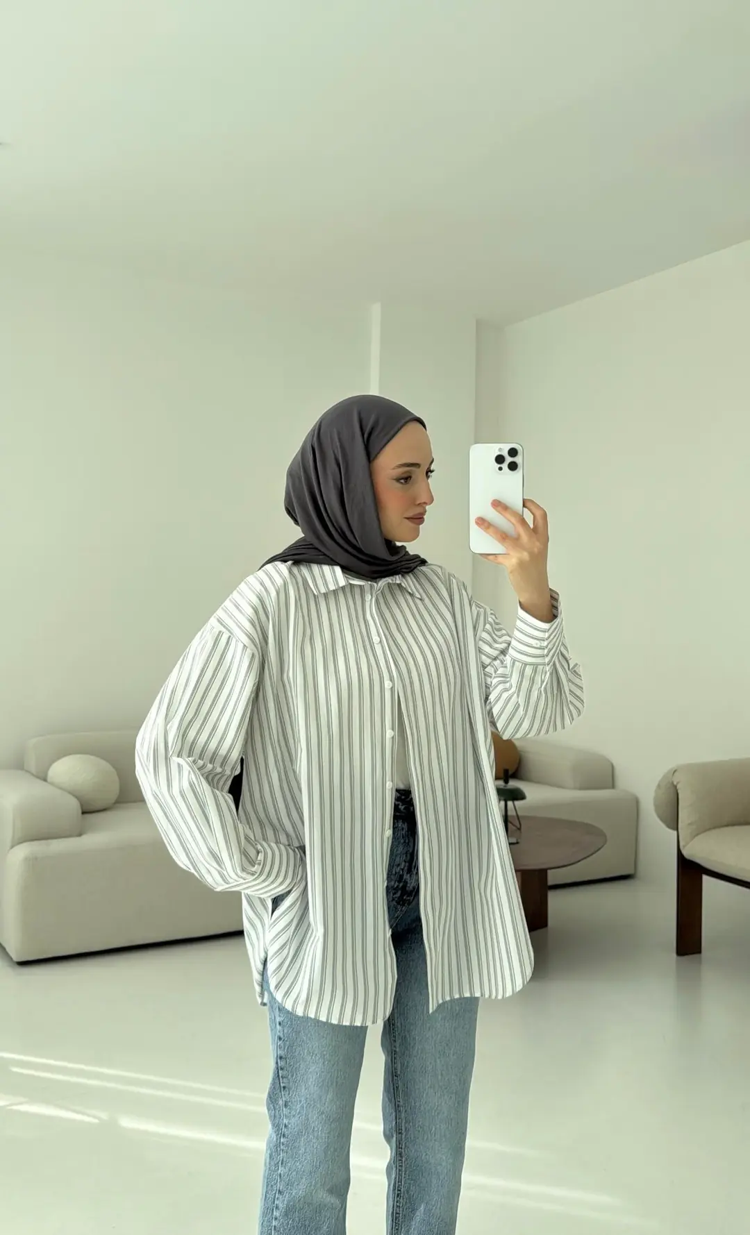 Oxford Çizgili Gömlek Ekru/Gri - Görsel 2