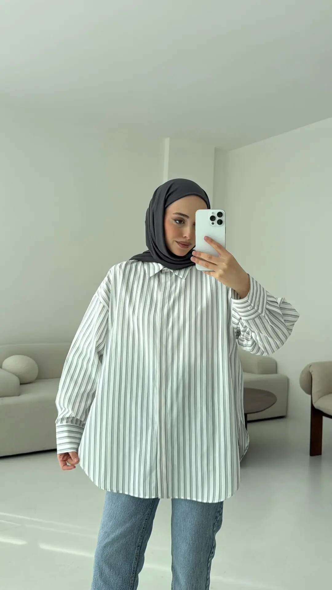 Oxford Çizgili Gömlek Ekru/Gri - Görsel 3