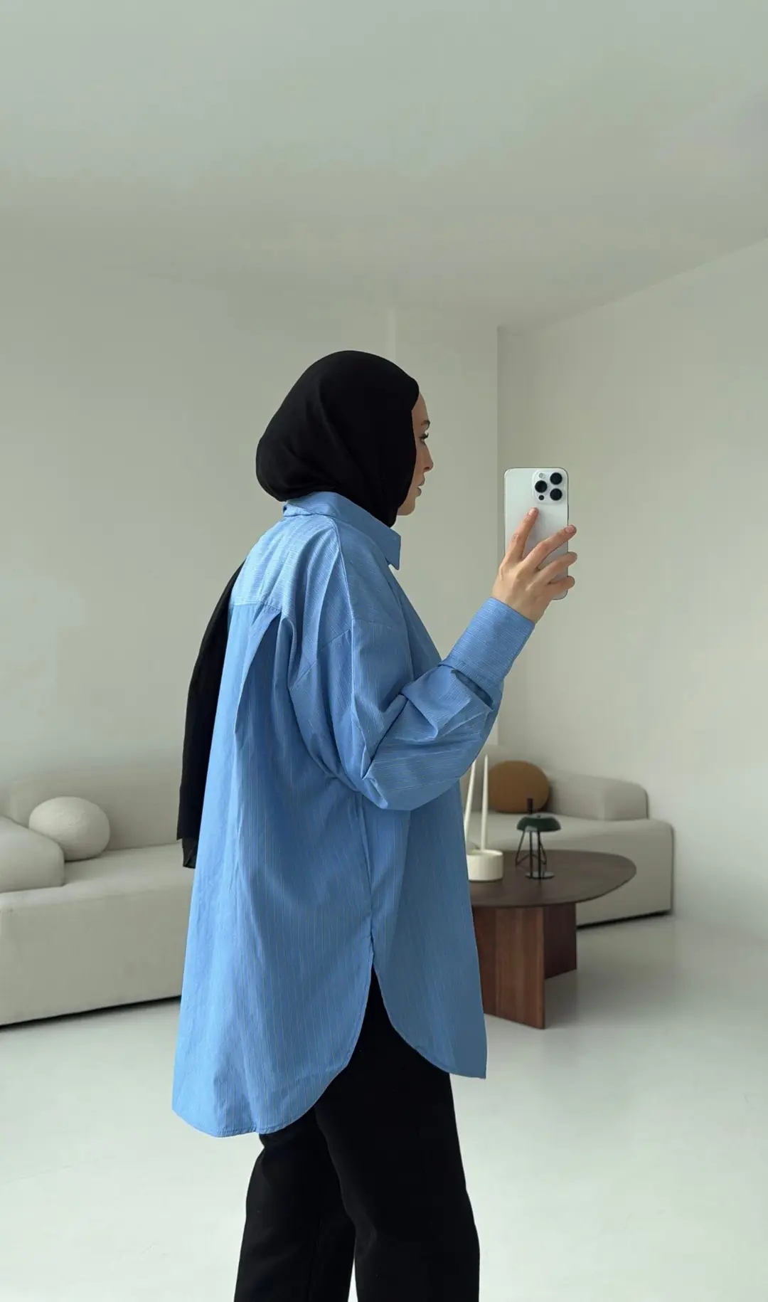 Oxford İnce Çizgili Gömlek Mavi - Görsel 4