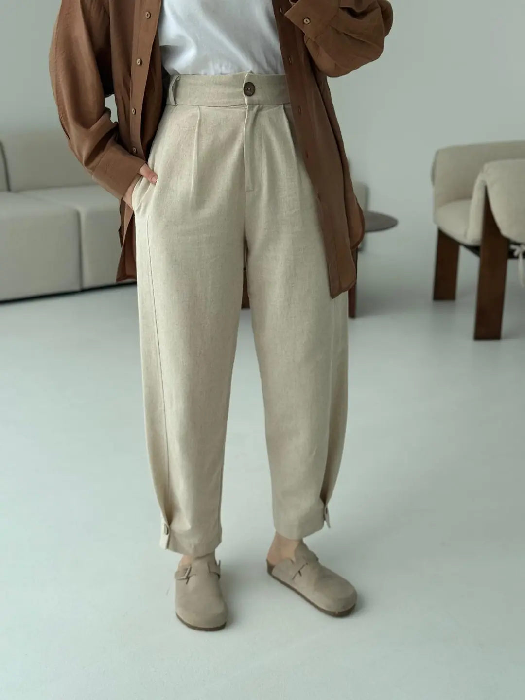 Paça Düğme Detaylı Keten Pantolon