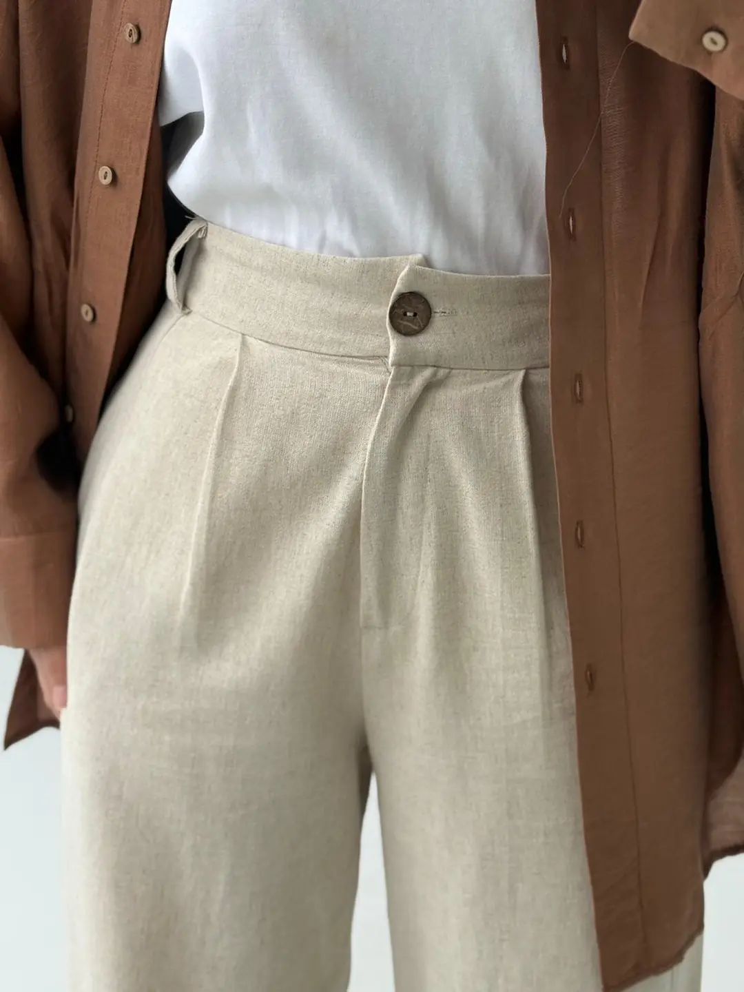 Paça Düğme Detaylı Keten Pantolon - Görsel 2