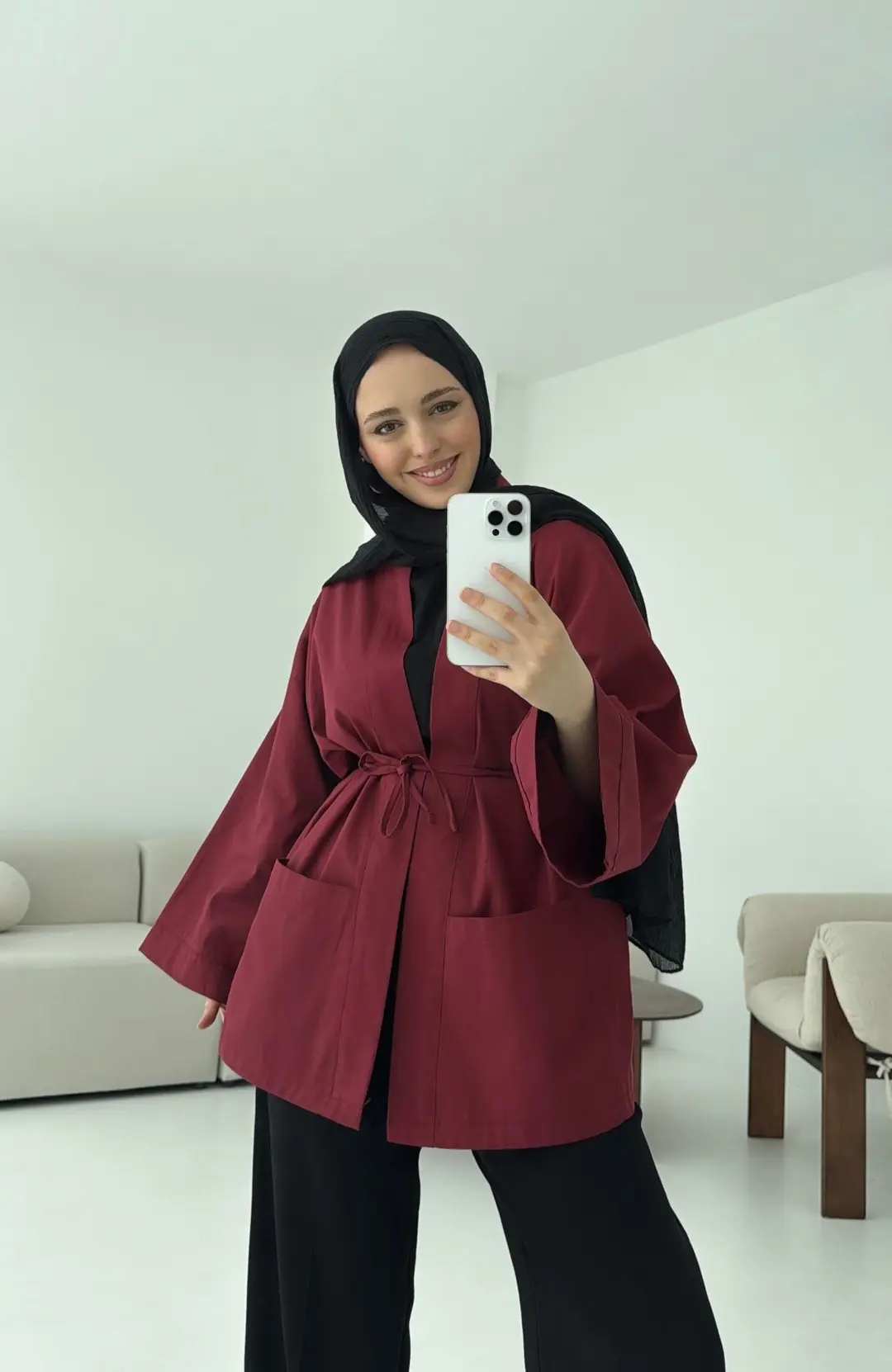 Pamuk Gabardin Kimono Bordo - Görsel 3