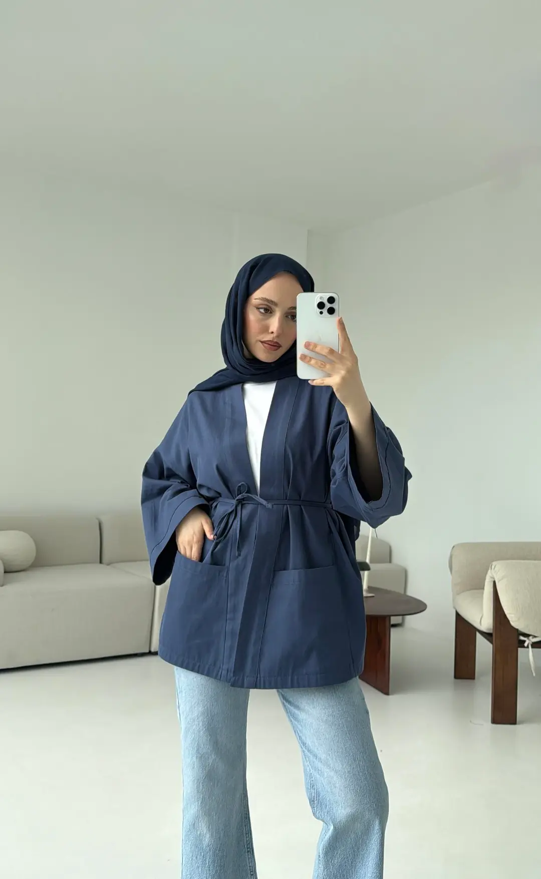 Pamuk Gabardin Kimono Lacivert - Görsel 6