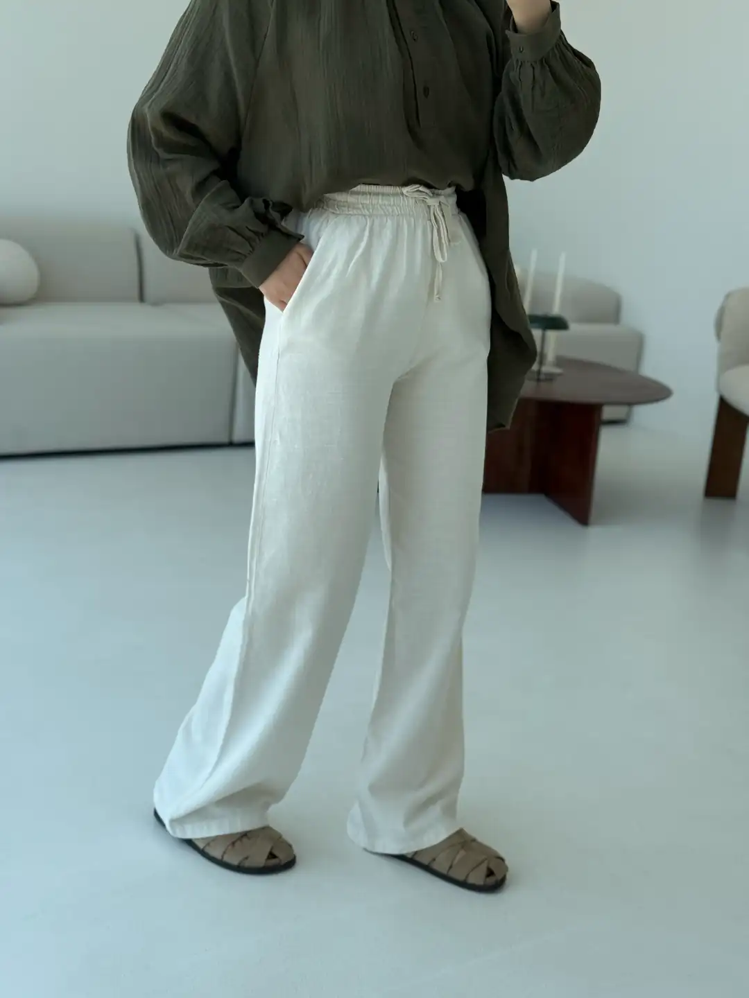 Pamuk Keten Pantolon Taş