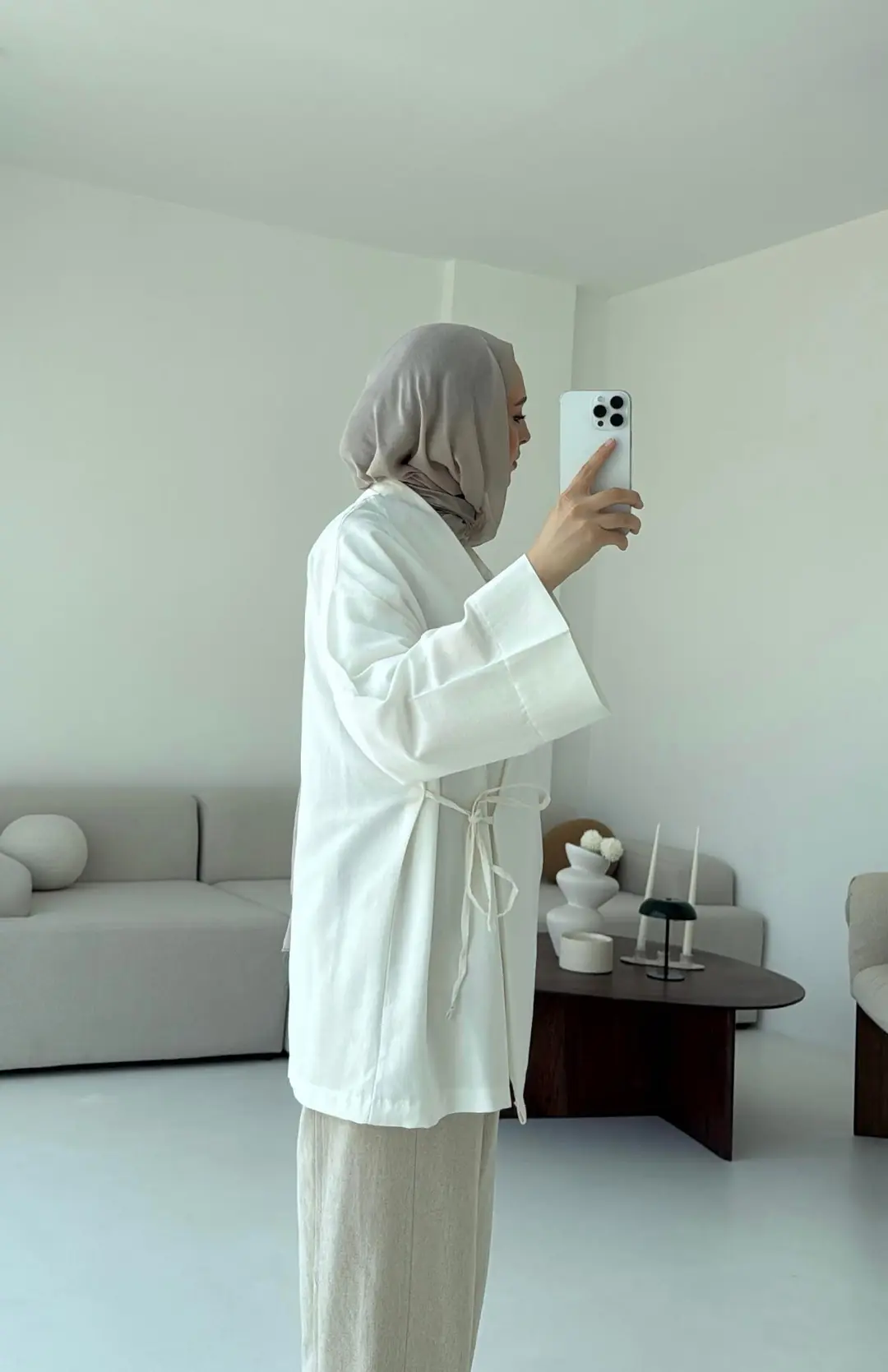 Pamuk Keten Yandan Bağlamalı Kimono Beyaz - Görsel 3