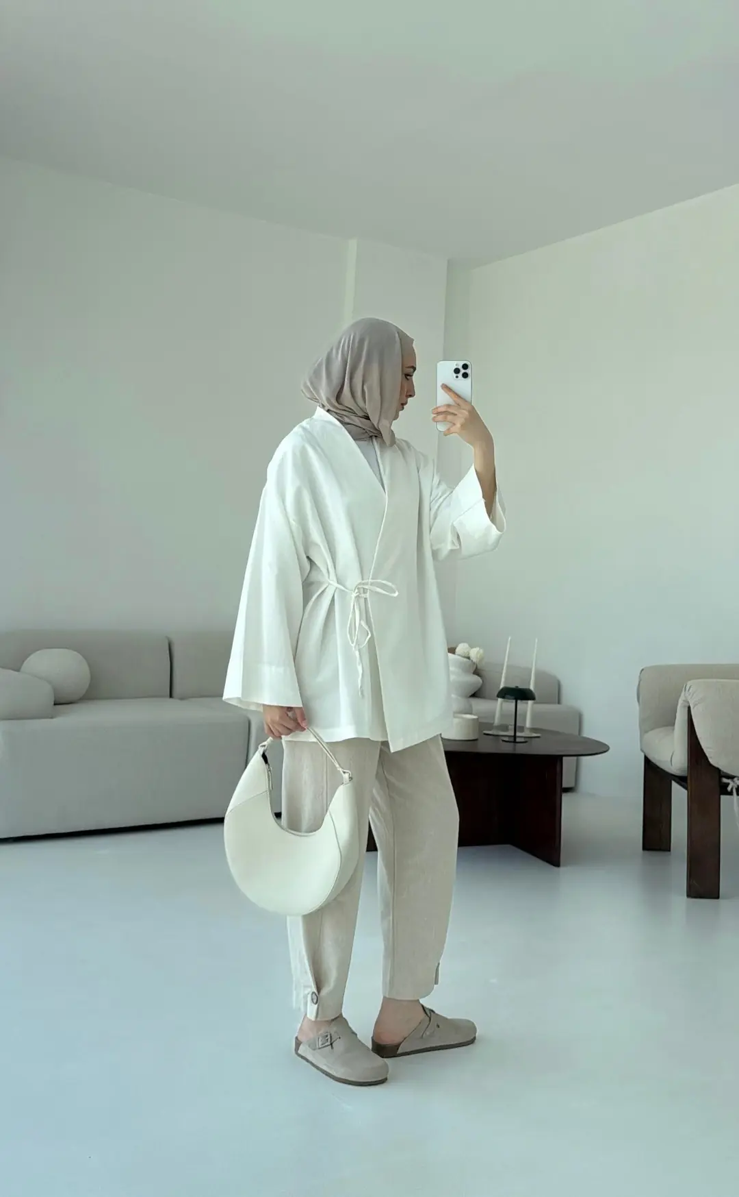 Pamuk Keten Yandan Bağlamalı Kimono Beyaz - Görsel 5