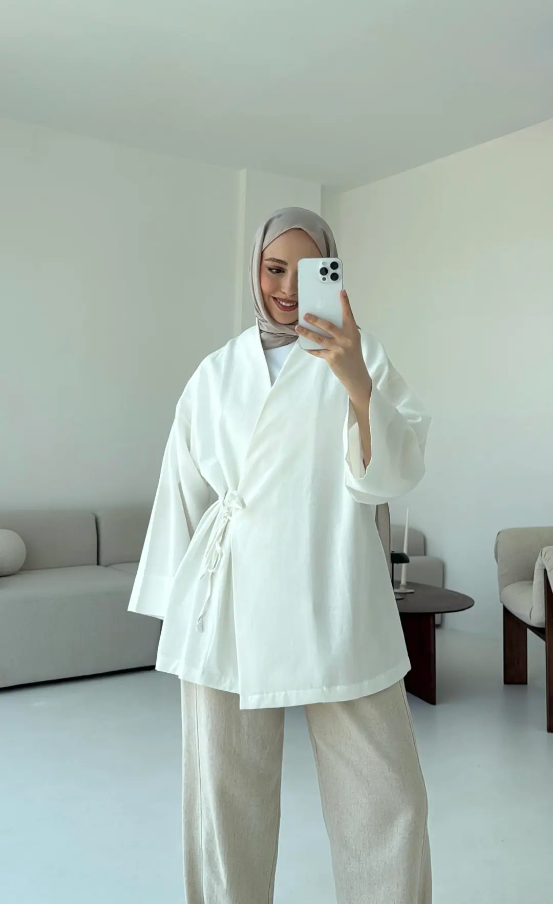 Pamuk Keten Yandan Bağlamalı Kimono Beyaz - Görsel 8