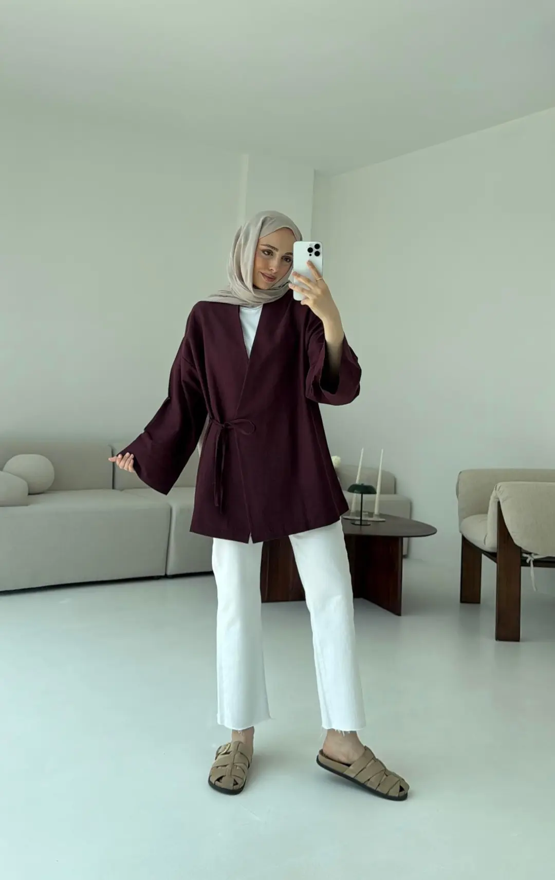 Pamuk Keten Yandan Bağlamalı Kimono Bordo - Görsel 2