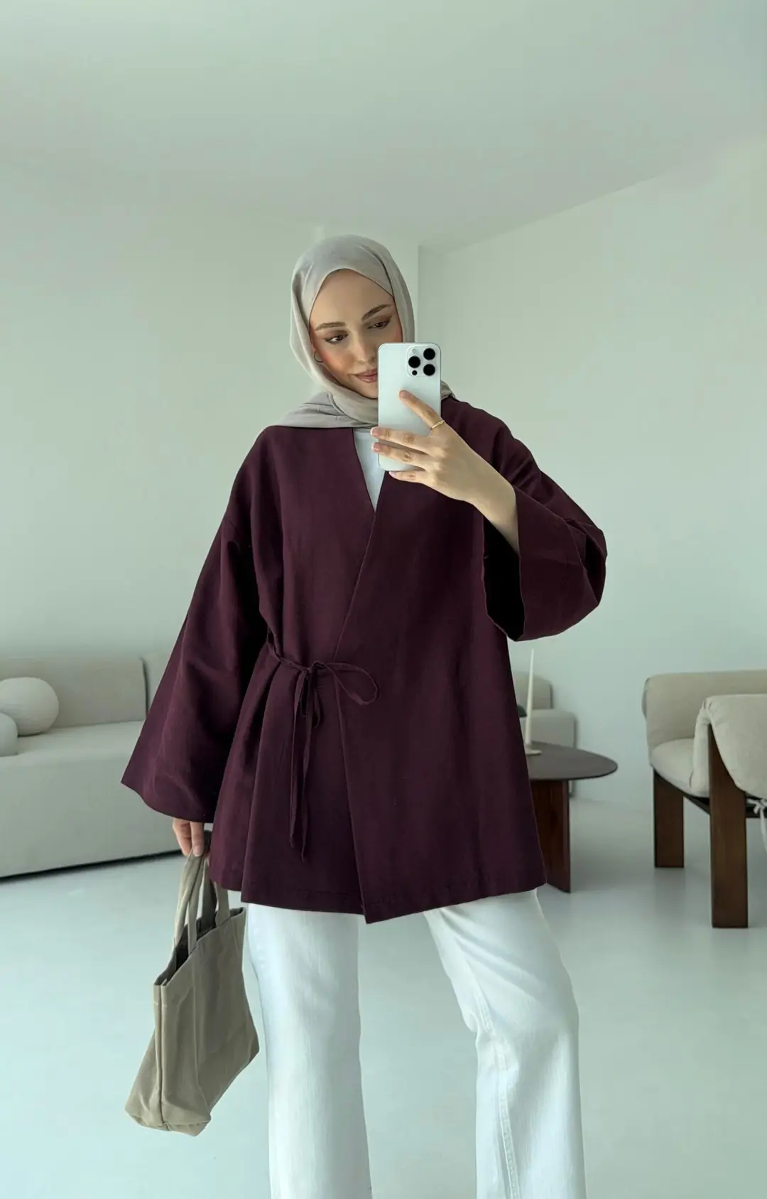 Pamuk Keten Yandan Bağlamalı Kimono Bordo - Görsel 3