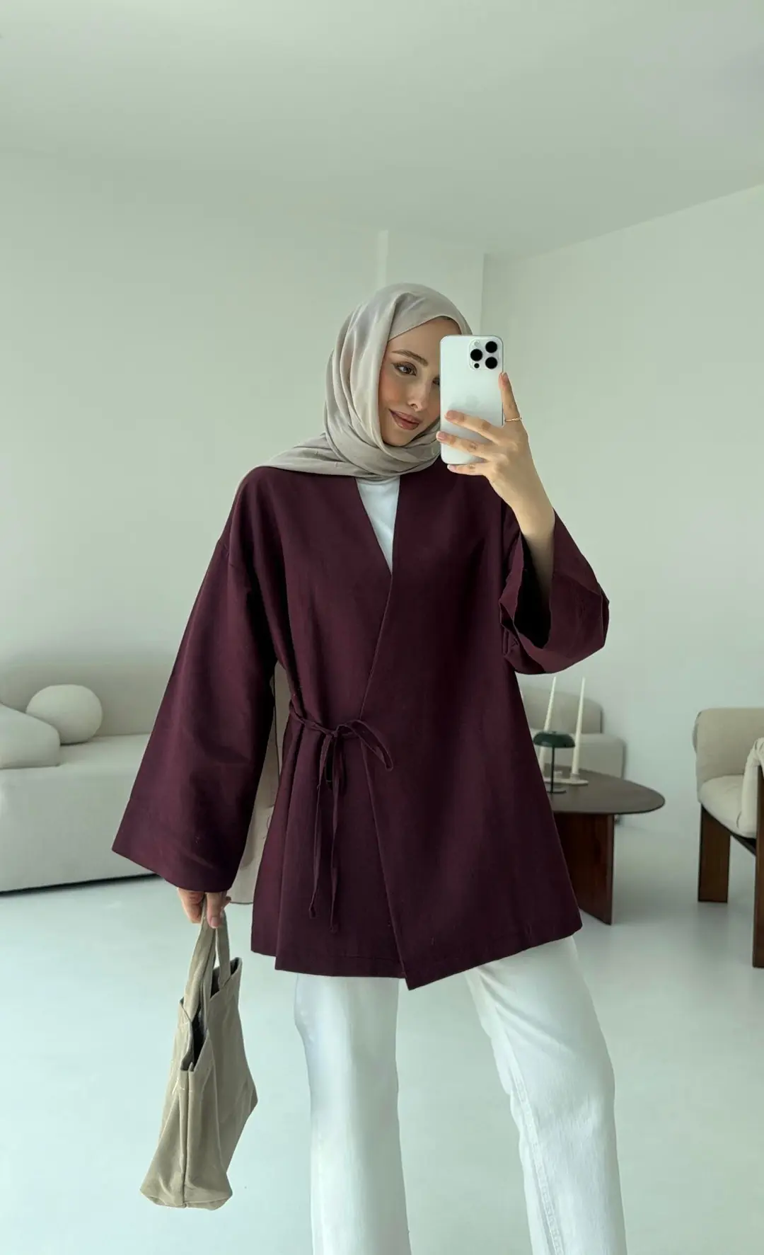 Pamuk Keten Yandan Bağlamalı Kimono Bordo - Görsel 4