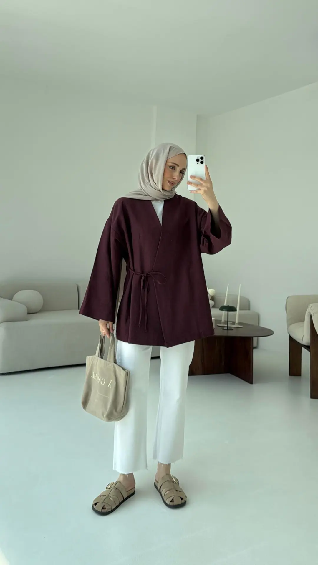 Pamuk Keten Yandan Bağlamalı Kimono Bordo - Görsel 6