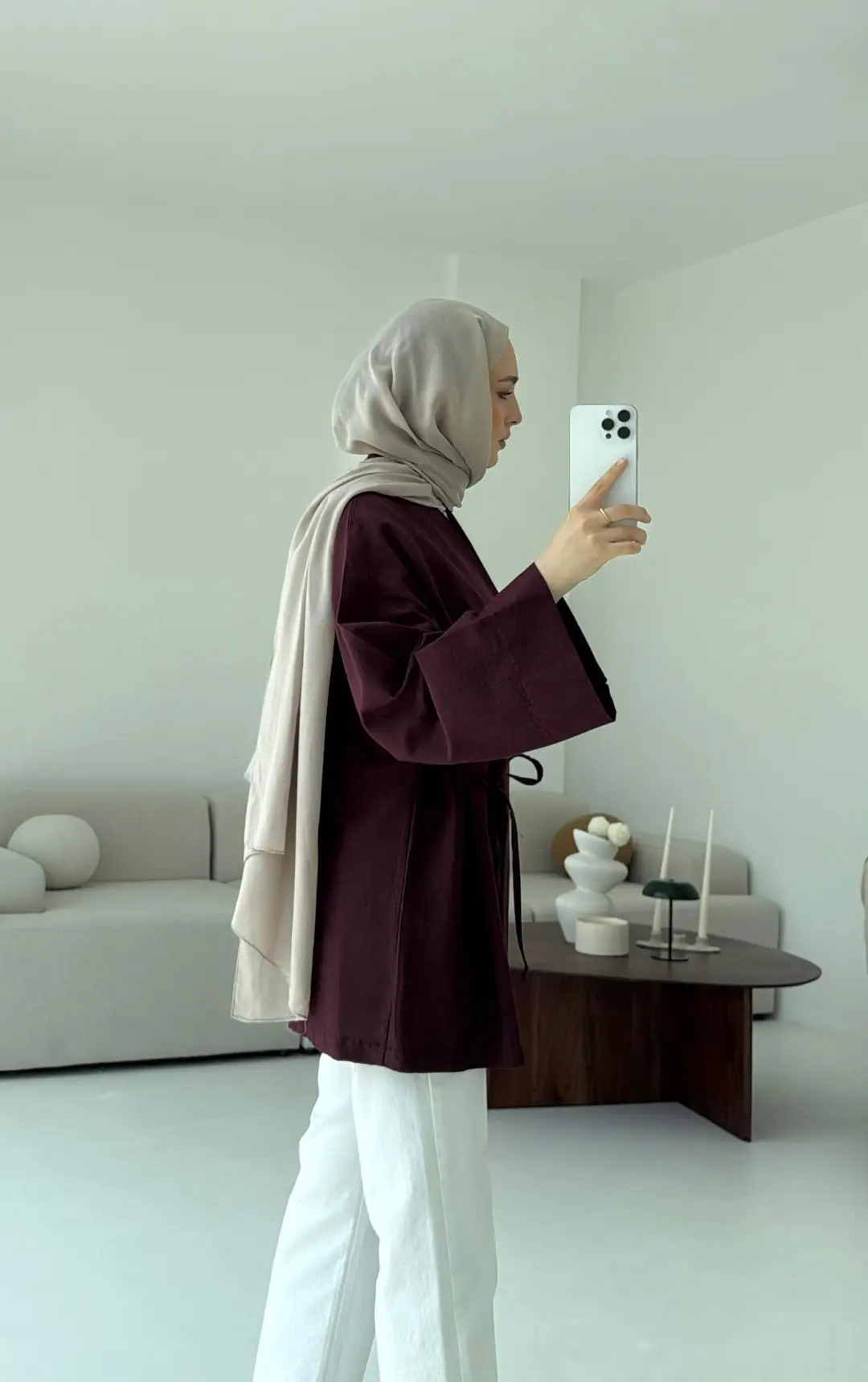 Pamuk Keten Yandan Bağlamalı Kimono Bordo - Görsel 9