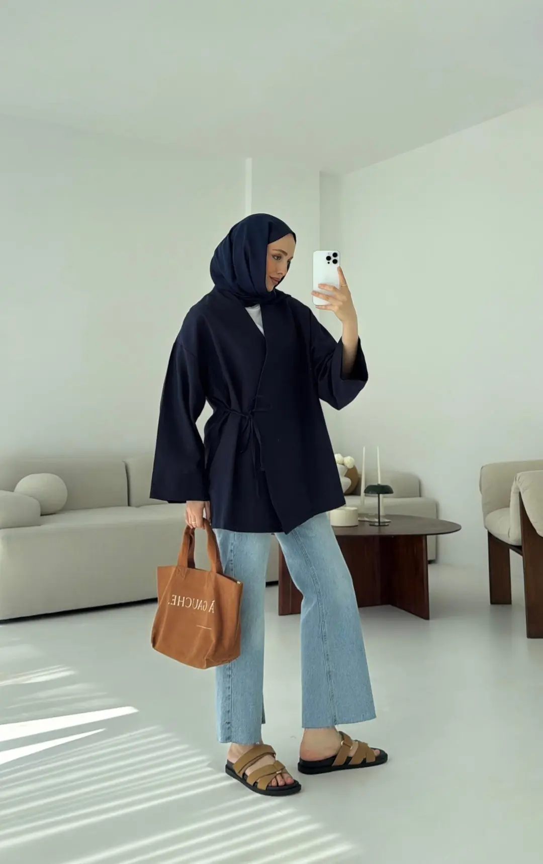 Pamuk Keten Yandan Bağlamalı Kimono Lacivert - Görsel 2