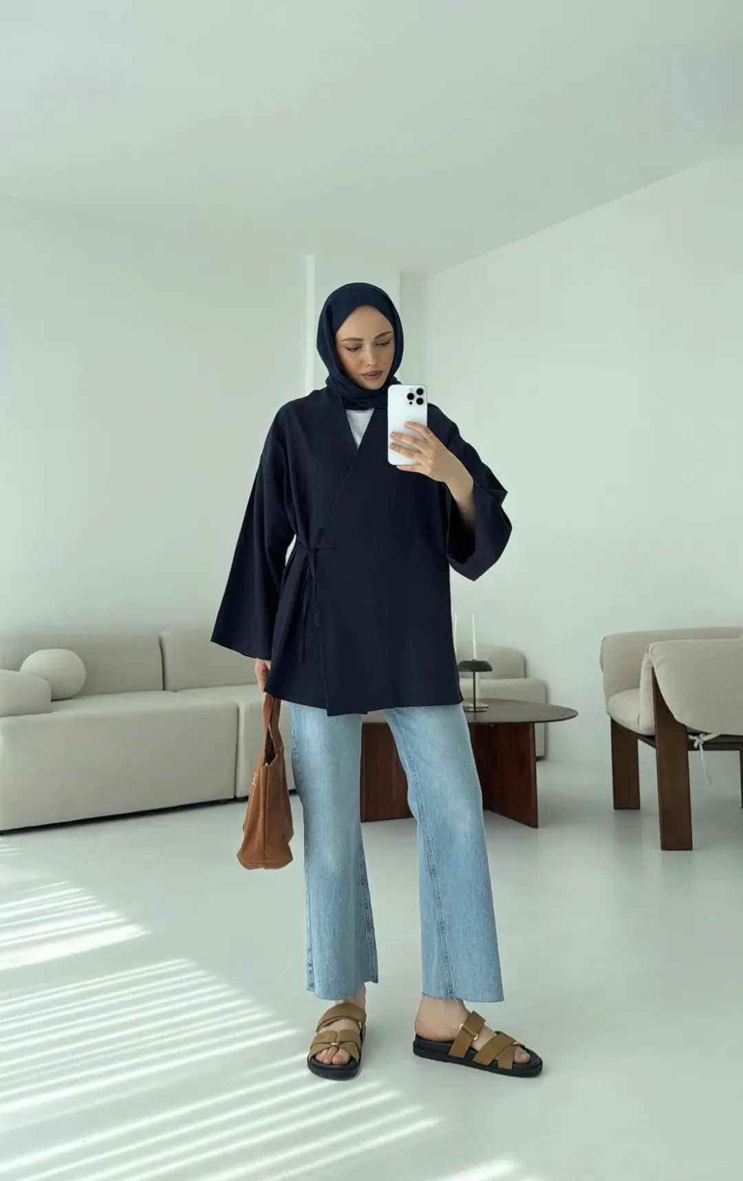 Pamuk Keten Yandan Bağlamalı Kimono Lacivert - Görsel 4