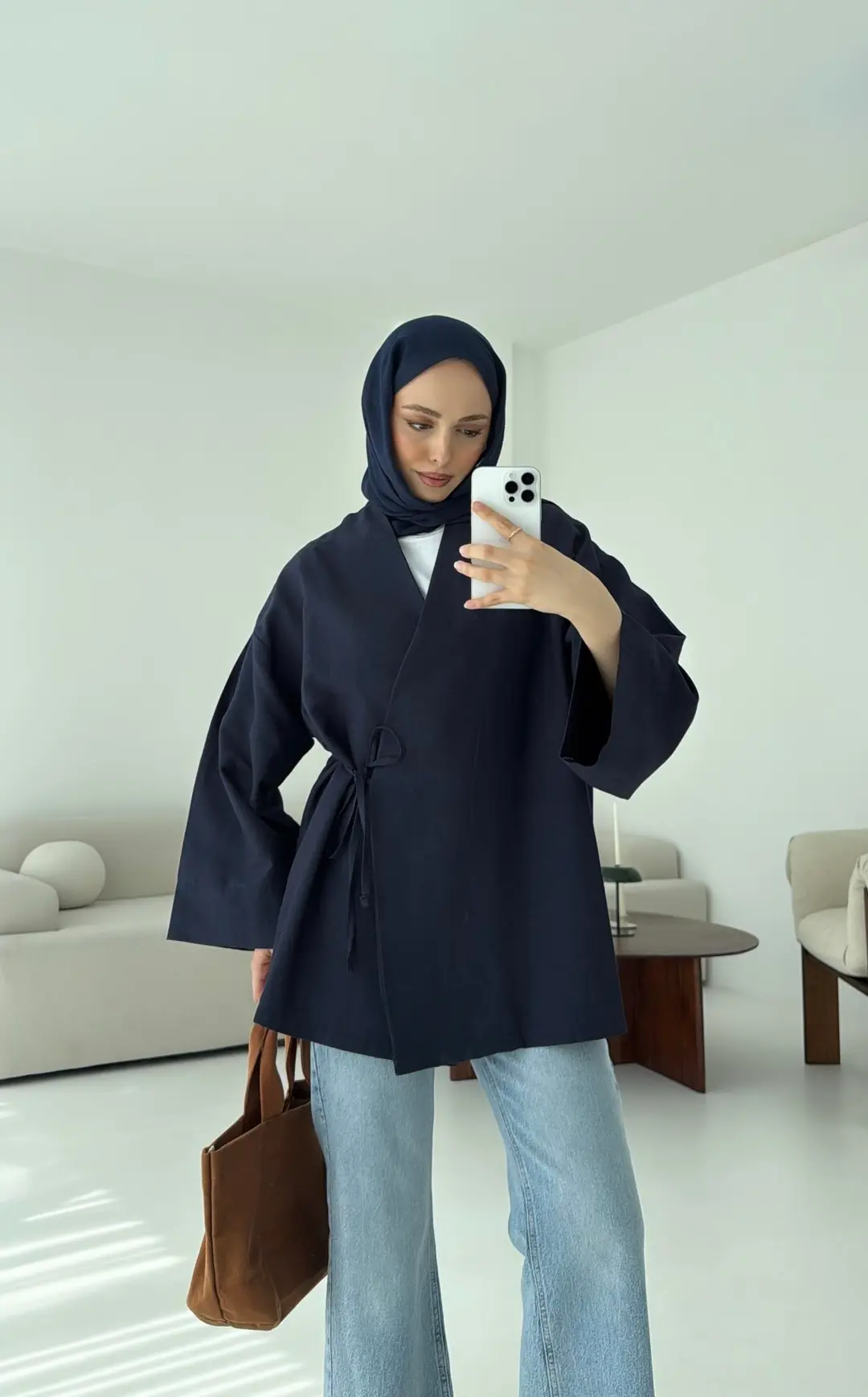 Pamuk Keten Yandan Bağlamalı Kimono Lacivert - Görsel 5