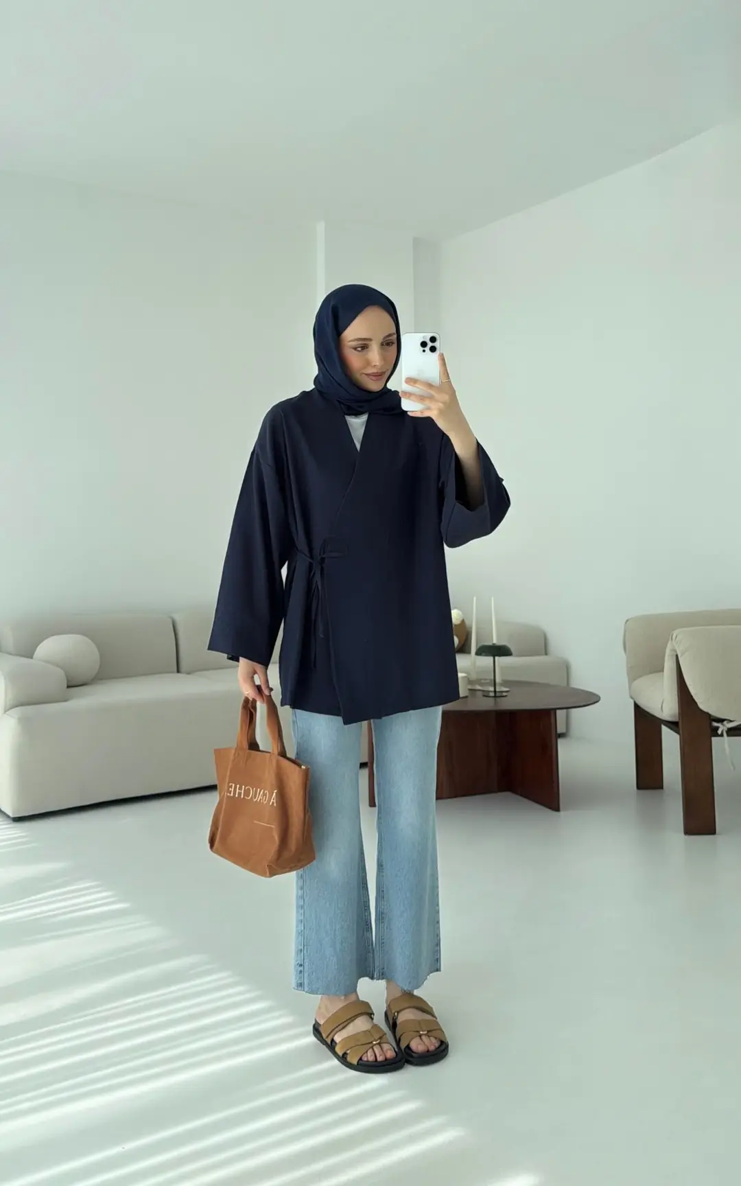 Pamuk Keten Yandan Bağlamalı Kimono Lacivert - Görsel 7