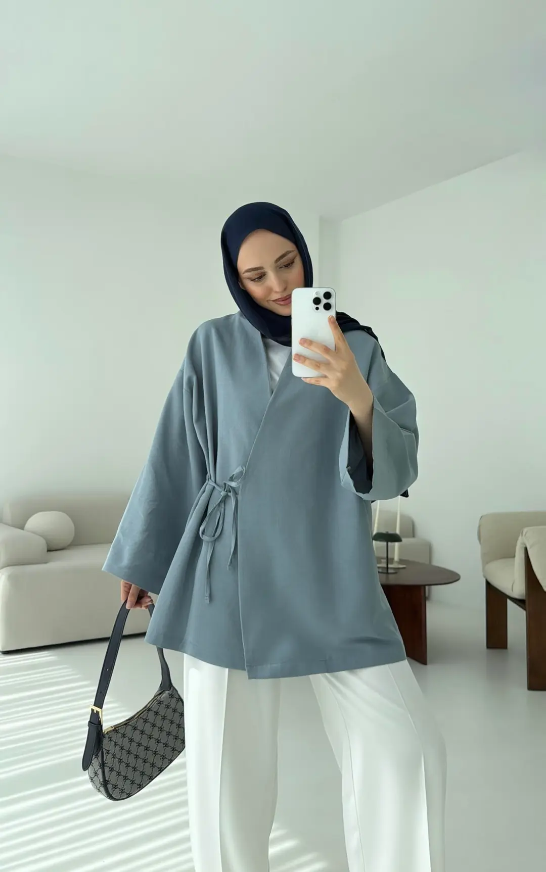 Pamuk Keten Yandan Bağlamalı Kimono Mavi - Görsel 2