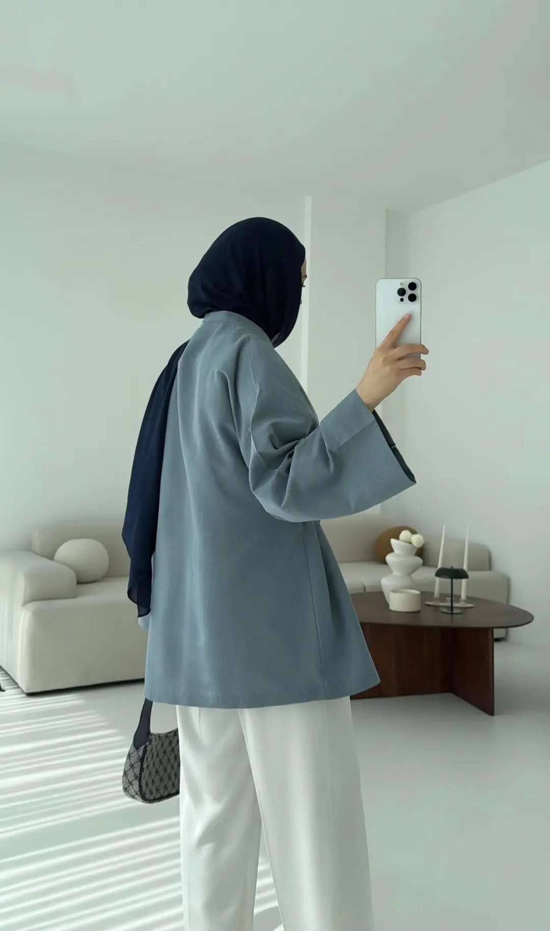 Pamuk Keten Yandan Bağlamalı Kimono Mavi - Görsel 3