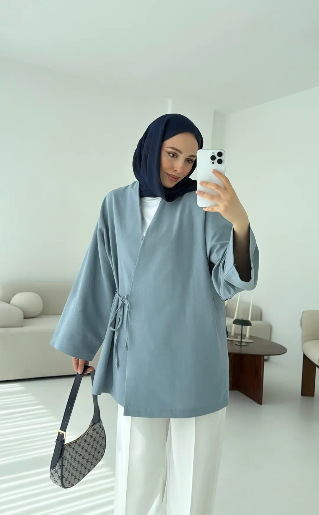 Pamuk Keten Yandan Bağlamalı Kimono Mavi - Görsel 4