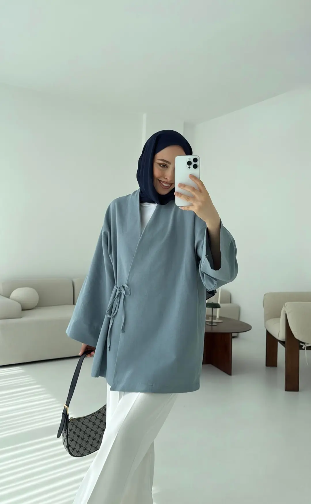 Pamuk Keten Yandan Bağlamalı Kimono Mavi - Görsel 5