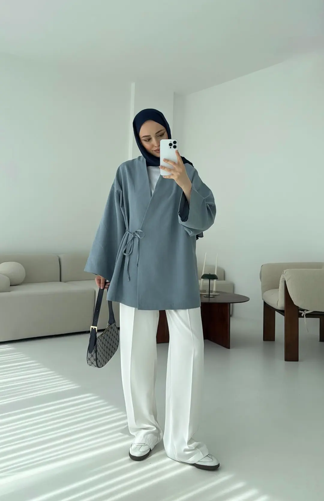 Pamuk Keten Yandan Bağlamalı Kimono Mavi - Görsel 6