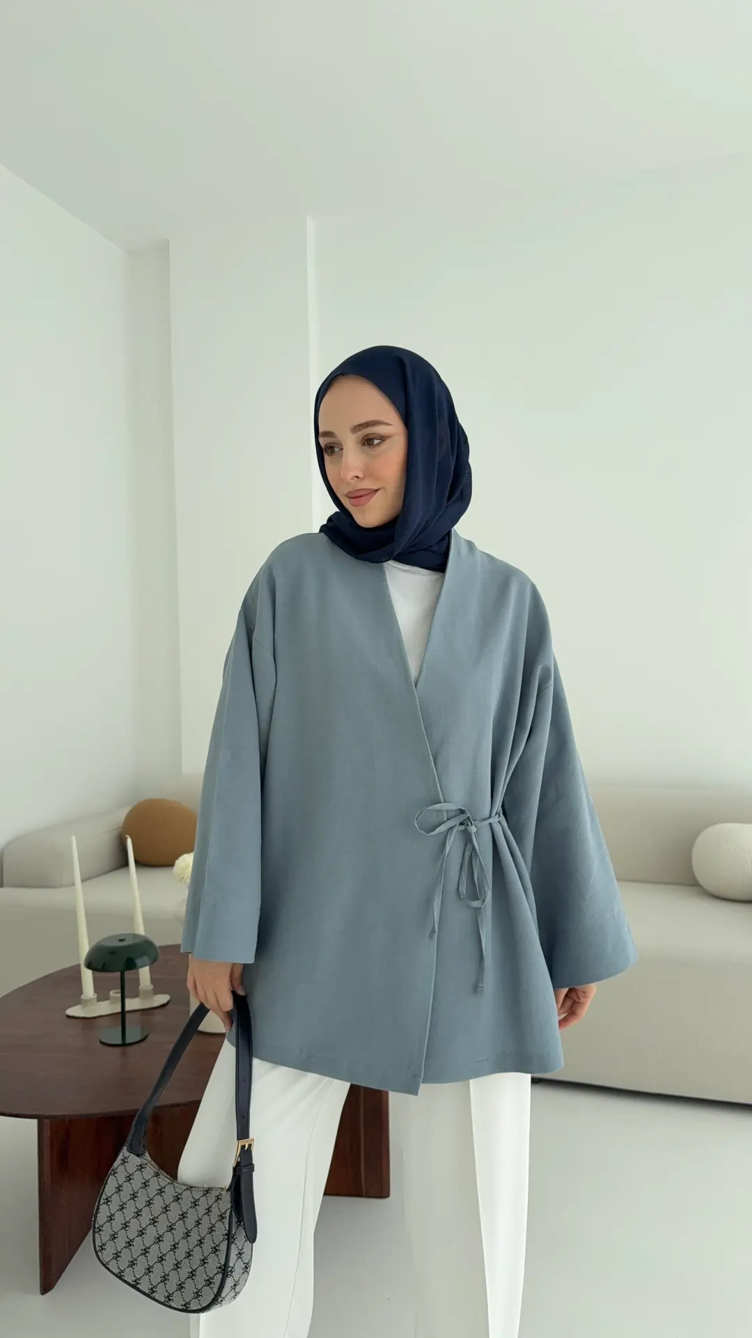 Pamuk Keten Yandan Bağlamalı Kimono Mavi - Görsel 9