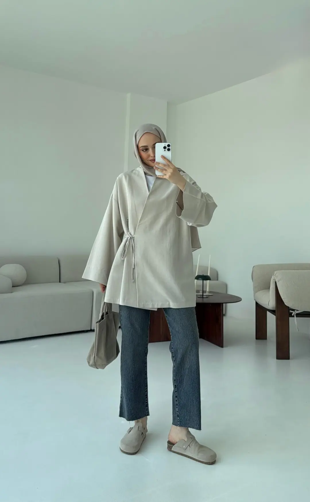 Pamuk Keten Yandan Bağlamalı Kimono Taş - Görsel 4