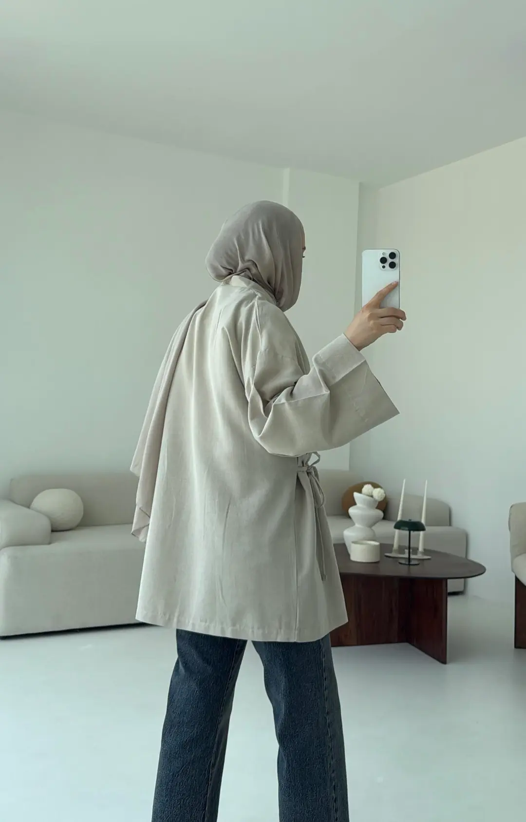 Pamuk Keten Yandan Bağlamalı Kimono Taş - Görsel 8