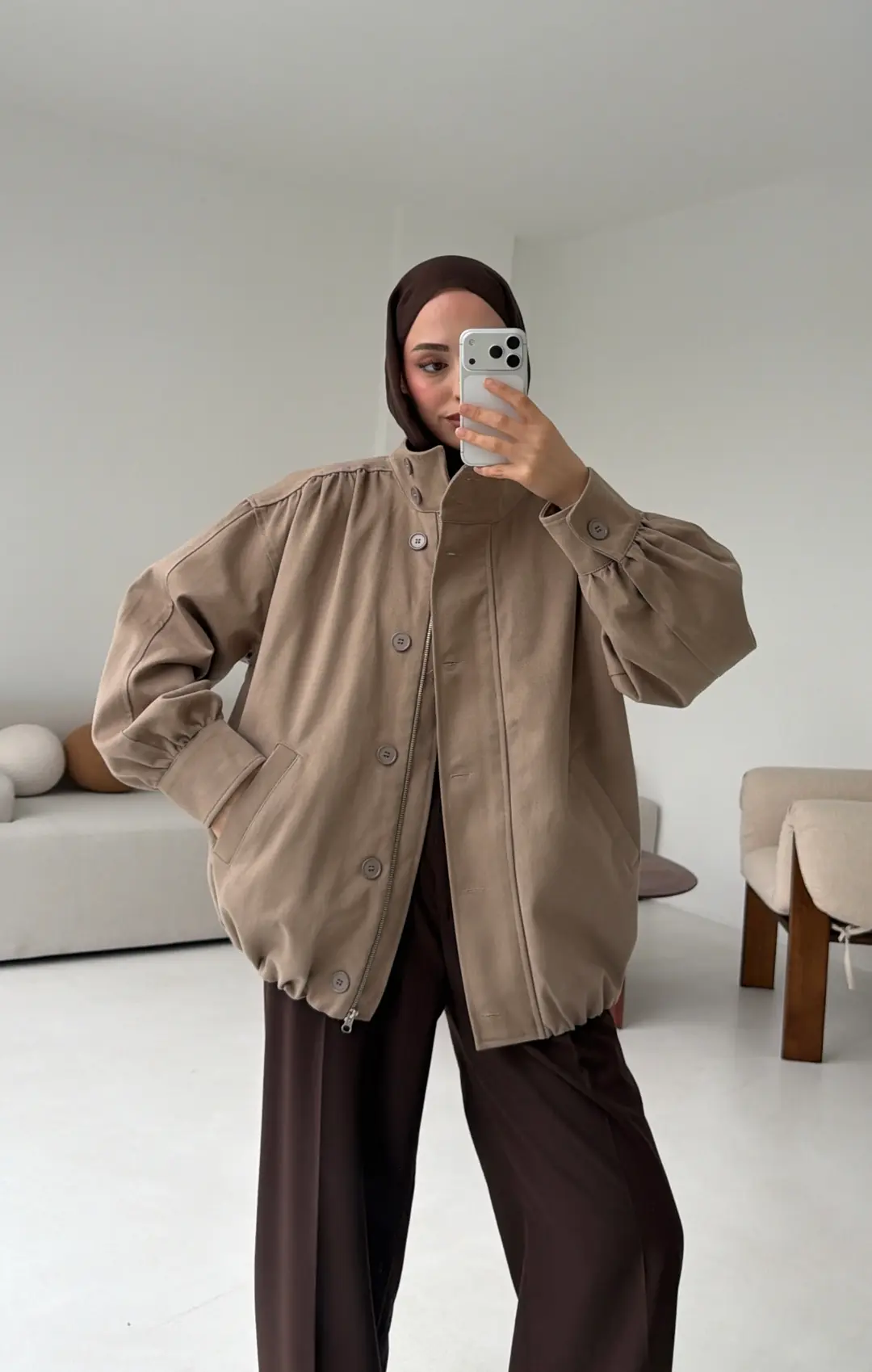 Bomber Gabardin Ceket Bej - Görsel 5