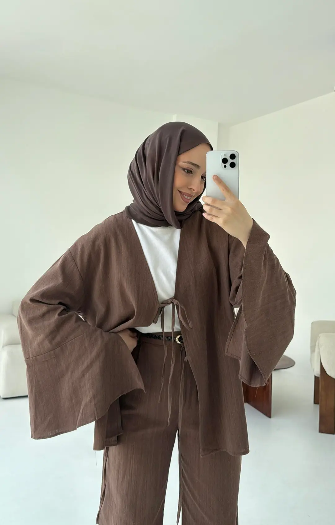 Pantolonu Deri Kemerli Kimono Takım - Görsel 8