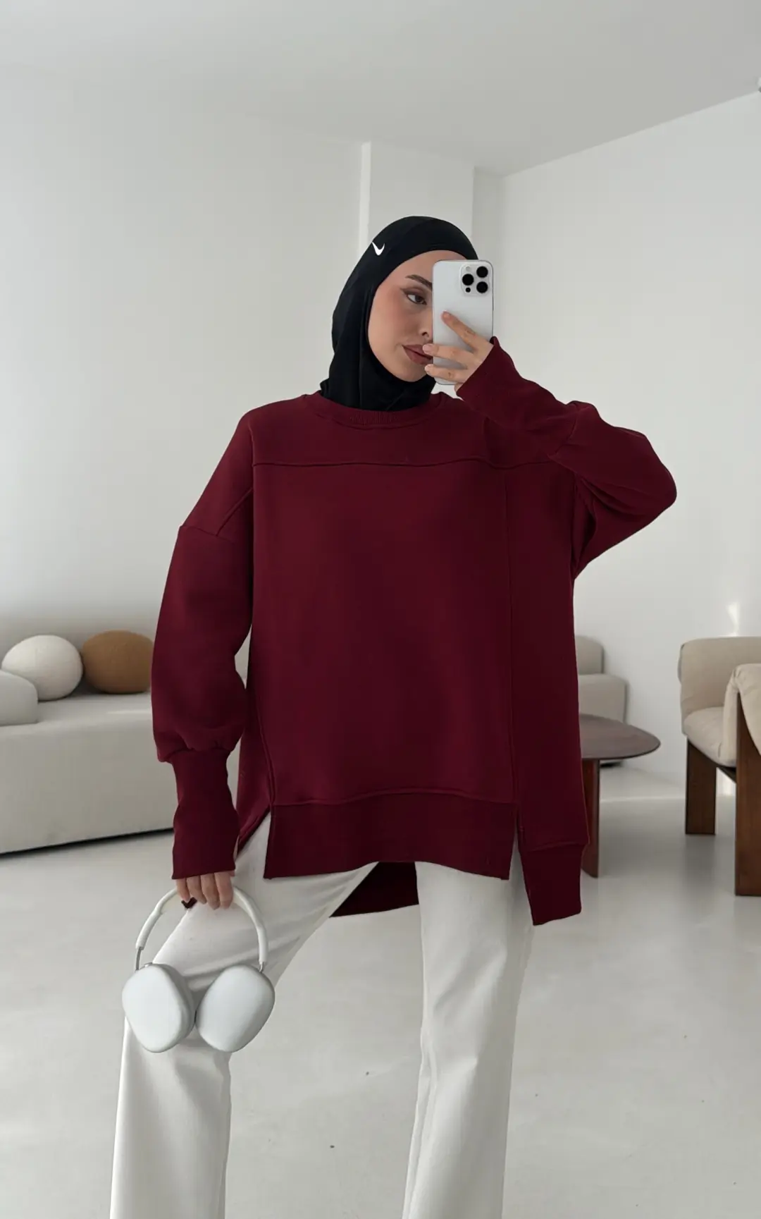 Parmak Geçmeli Asimetri Kesim Sweat Bordo - Görsel 6