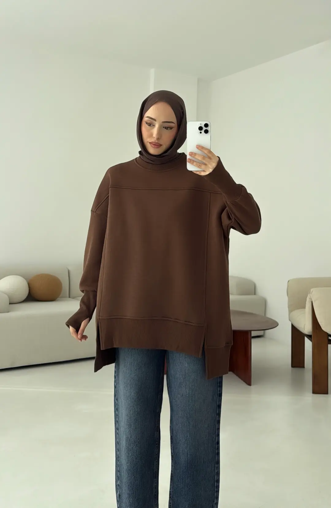 Parmak Geçmeli Asimetri Kesim Sweat Kahve