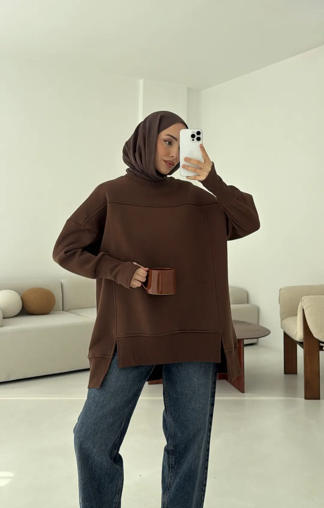 Parmak Geçmeli Asimetri Kesim Sweat Kahve - Görsel 2