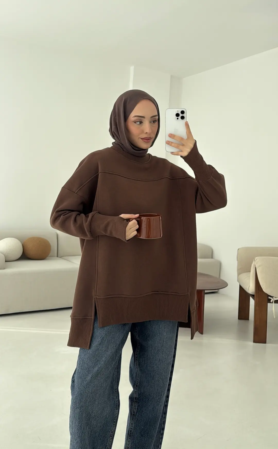 Parmak Geçmeli Asimetri Kesim Sweat Kahve - Görsel 3